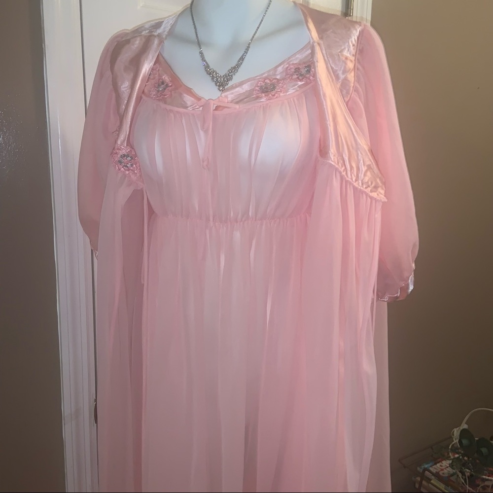 Vintage Pale Pink GM Chiffon Nylon Long Peignoir Set Sheer Gown Robe Sz Large